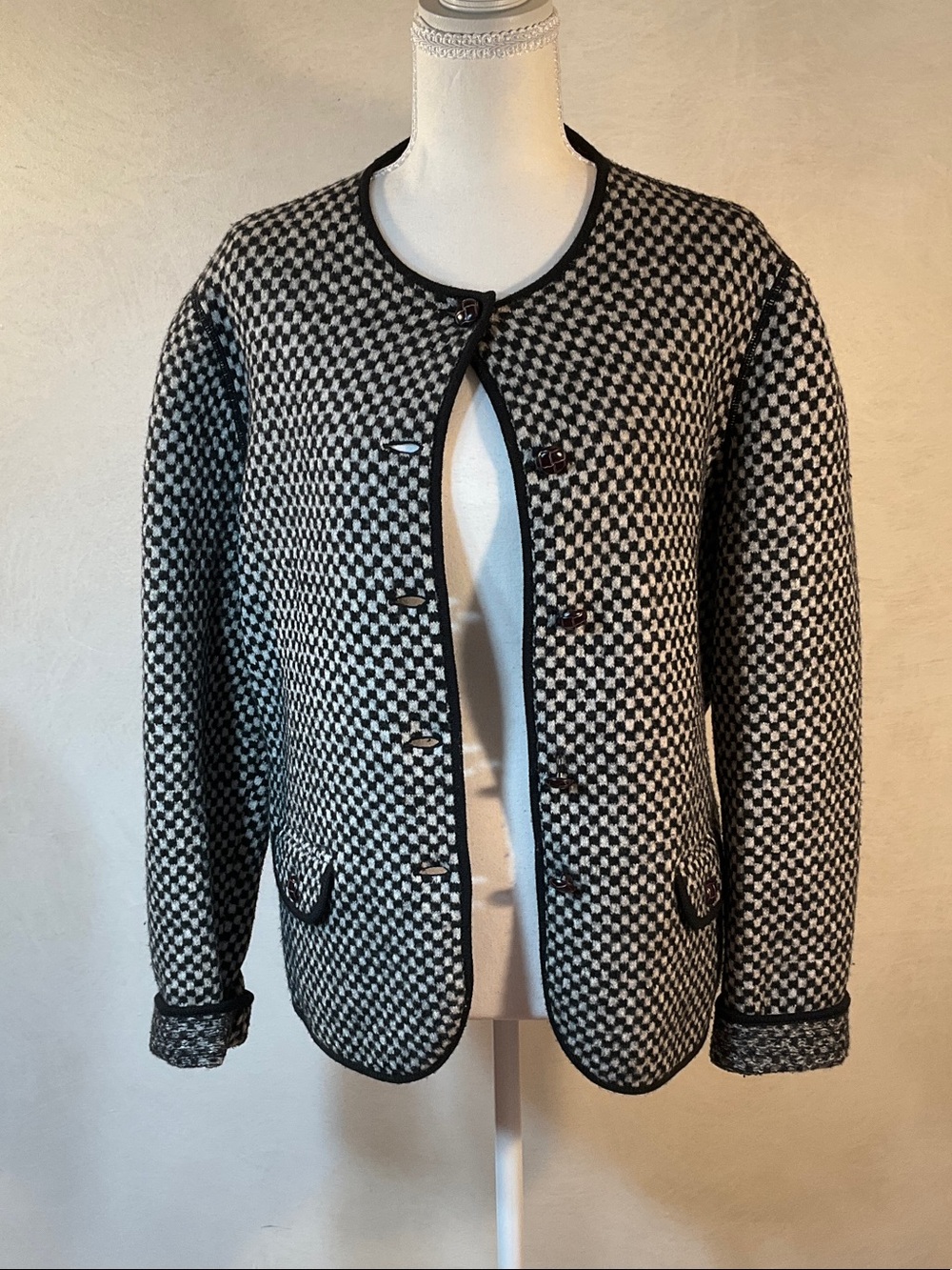 Lands' End Black and White Check Knit Blazer